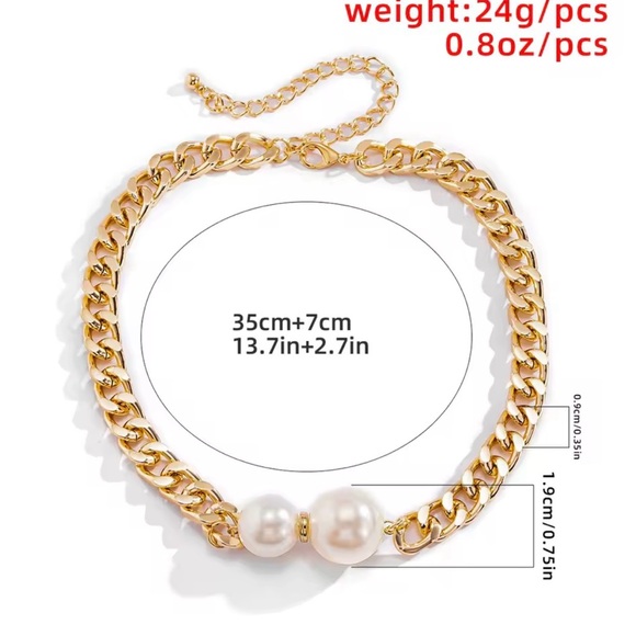 Cuban Link Pearl Choker Necklace Double Pearl Statement Chain Vintage Style - Picture 3 of 3